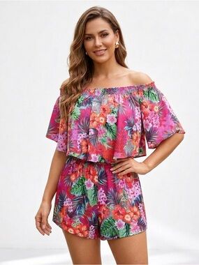 Show Me Your Mumu Rosarita Romper Pink Floral Tropical Ruffle Off The Shoulder